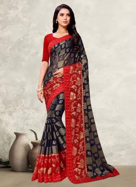 Navy Blue Colour Festive Wear Chiffon Brasso Printed Mirror Lace Saree Collection 24094